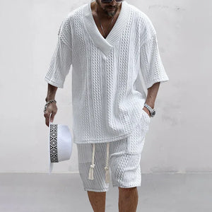 Summer Shorts Set Two Piece Men's Clothing V-Neck Short